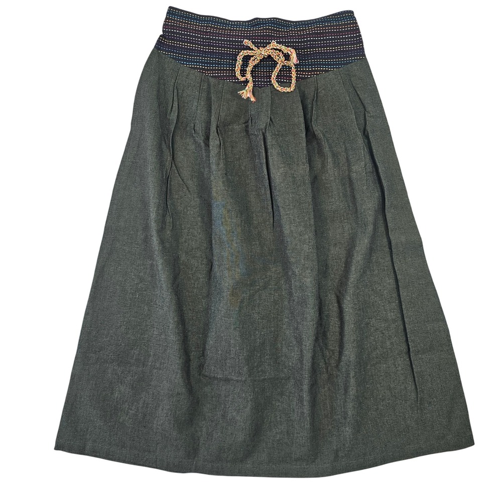 Whats Happenin Gray Pleated‎ Midi Skirt Striped Waist Drawstring Boho Large